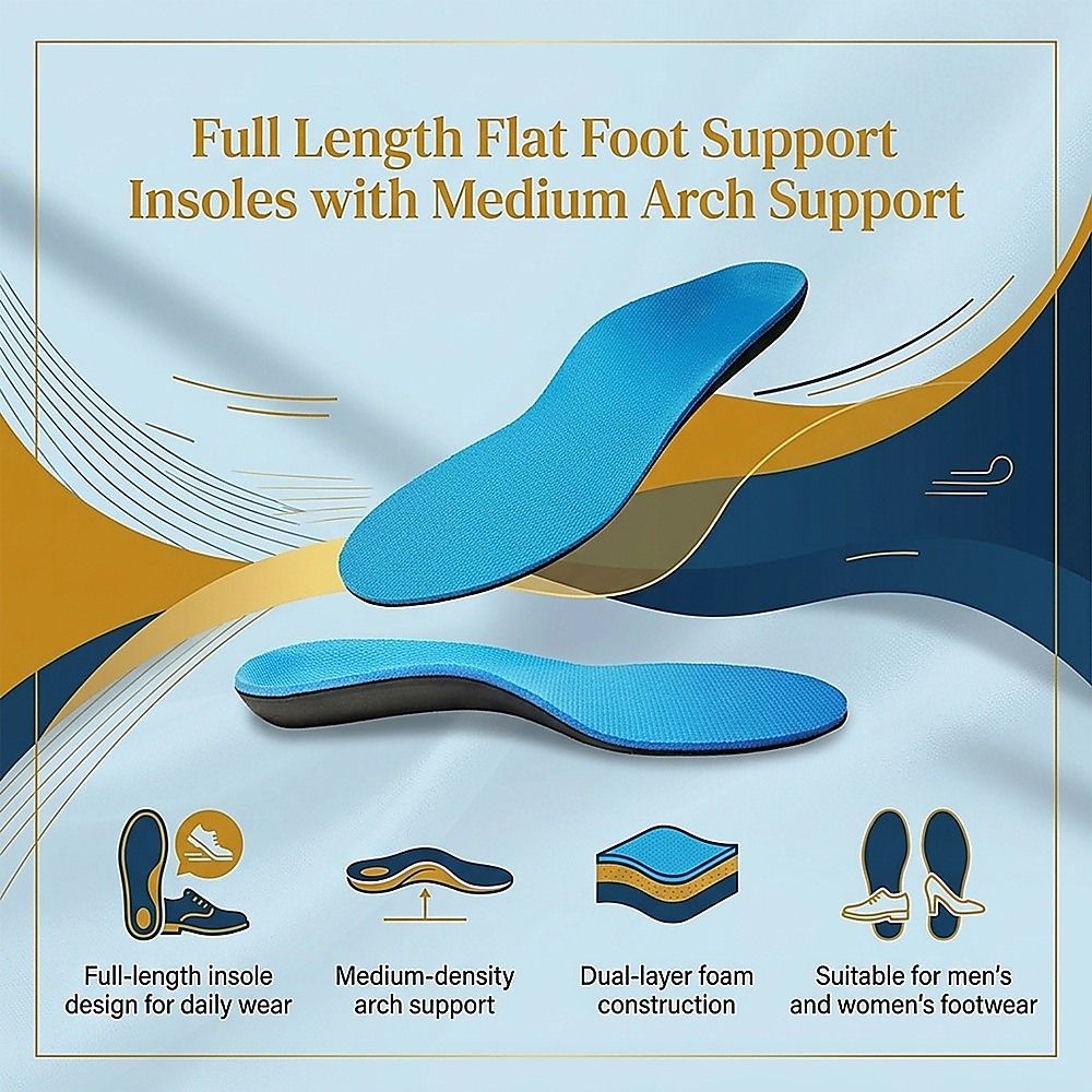 Flat Foot Support Insoles For Men Women Blue Full Length Medium Density Arch Support