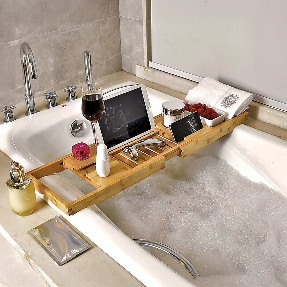 Bathroom Bamboo Bath Caddy Wine Glass Holder Table Tray Bathtub Rack Soap Shelf