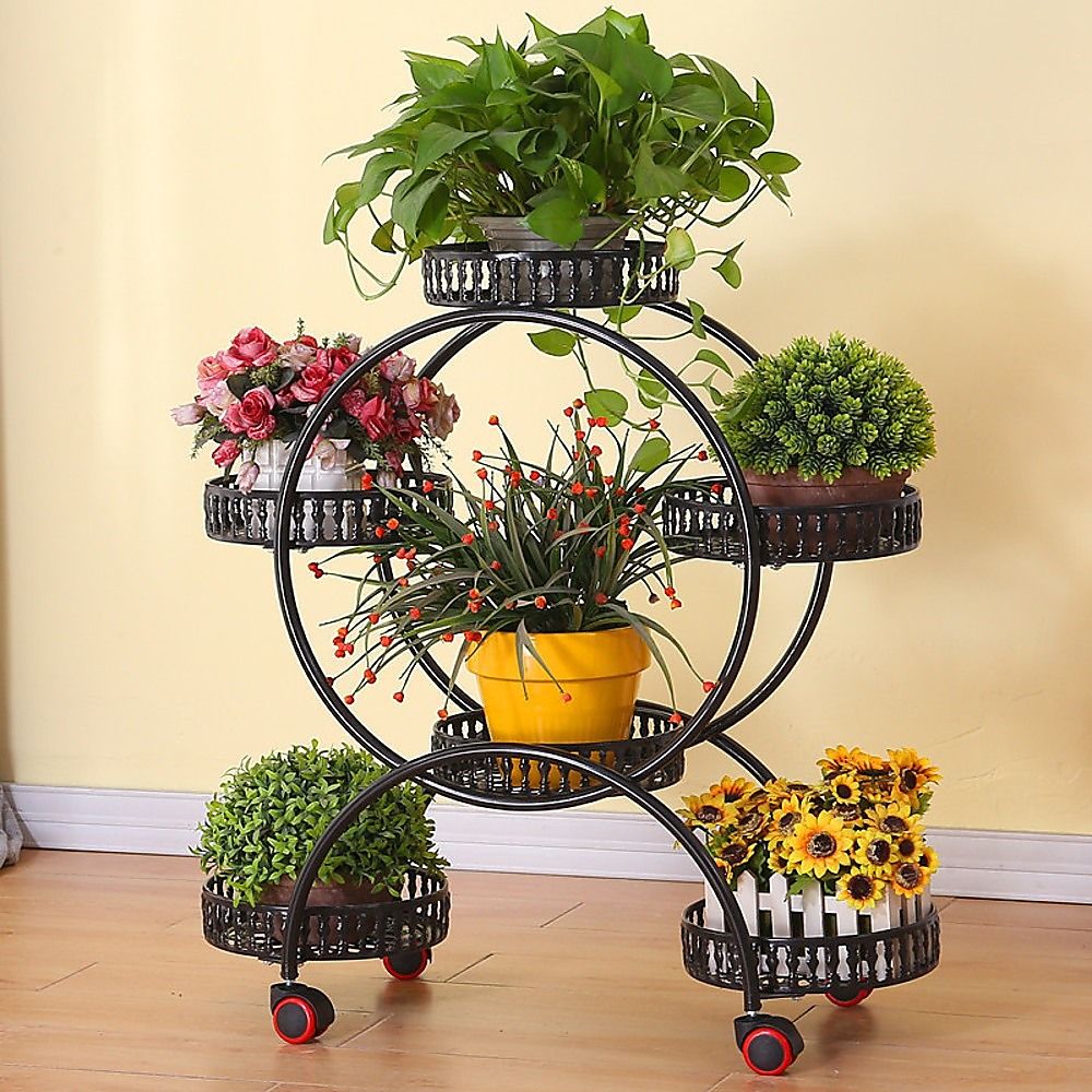 6 Pot Plant Stand with Wheels 4 Tier Rolling Plant Shelf Flower Dis - V63-840601