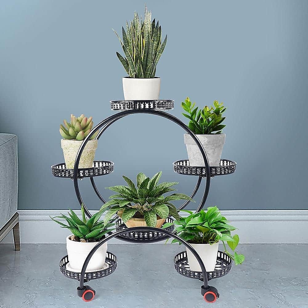 6 Pot Plant Stand with Wheels 4 Tier Rolling Plant Shelf Flower Dis - V63-840601