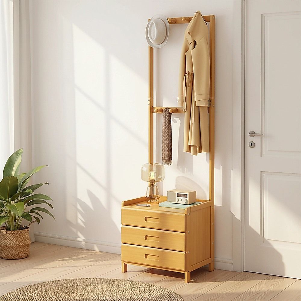 Wooden Hall Stand Floor Coat Rack with Drawer Modern Minimalist Style