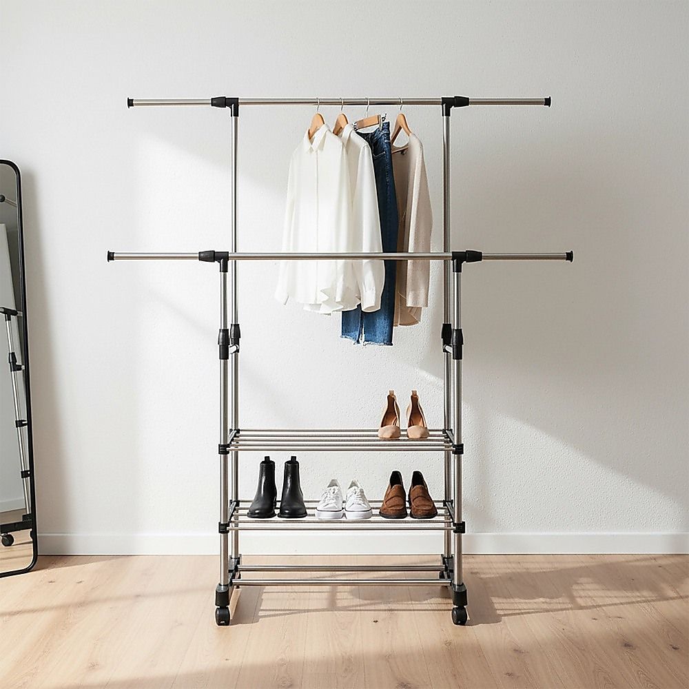 Heavy Duty Commercial Garment Rack Double Bar Rolling Collapsible Clothing Shelf