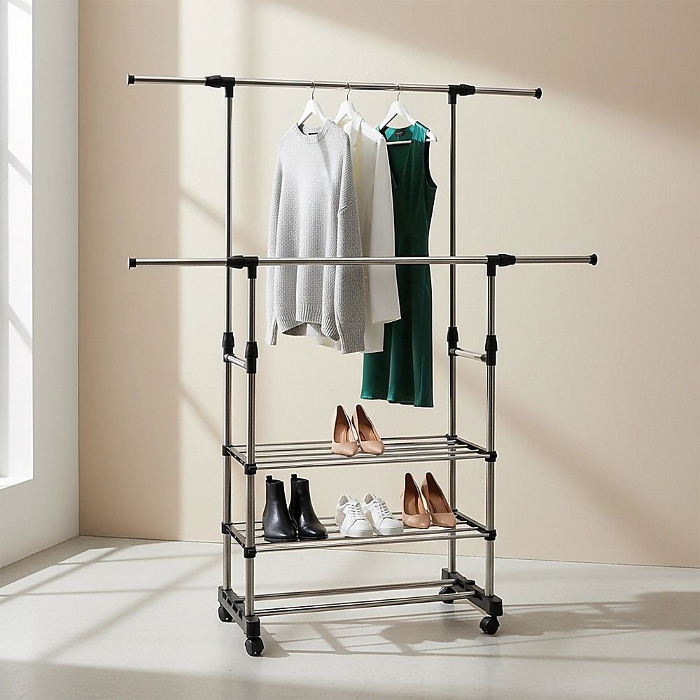 Heavy Duty Commercial Garment Rack Double Bar Rolling Collapsible Clothing Shelf