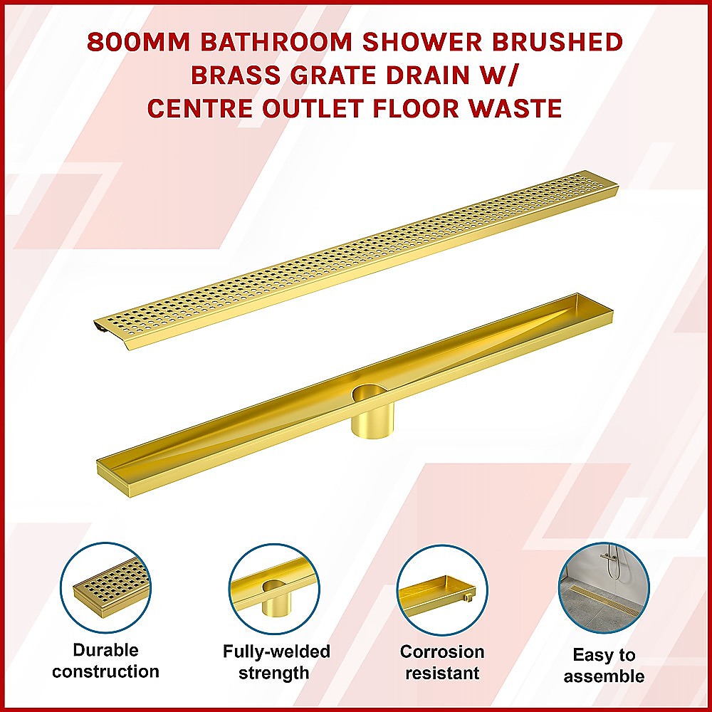 800mm Bathroom Shower Brushed Brass Grate Drain w/ Centre outlet Floor Waste