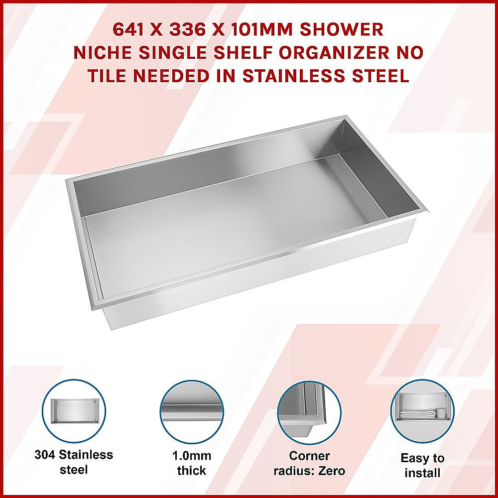 641 x 336 x 101mm Shower Niche Single Shelf Organizer No Tile - V63-900701