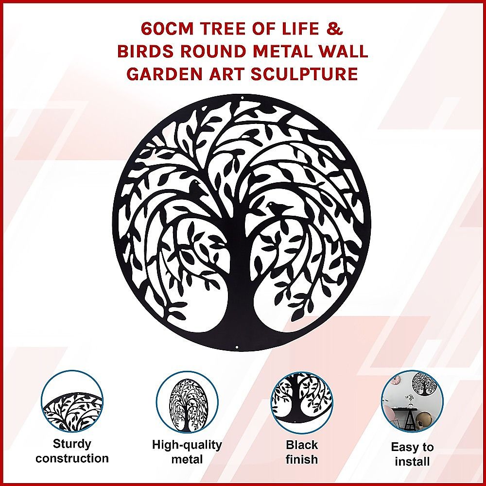 60cm Tree Of Life And Birds Round Metal Wall Garden Art Sculpture For Outdoor Decor