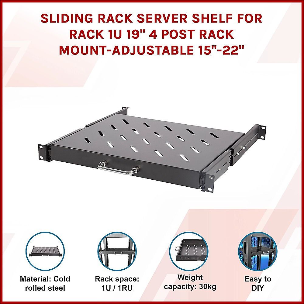 Sliding Rack Server Shelf 1U 19" 4 Post Mount – Adjustable 15" to 22" Rack Tray