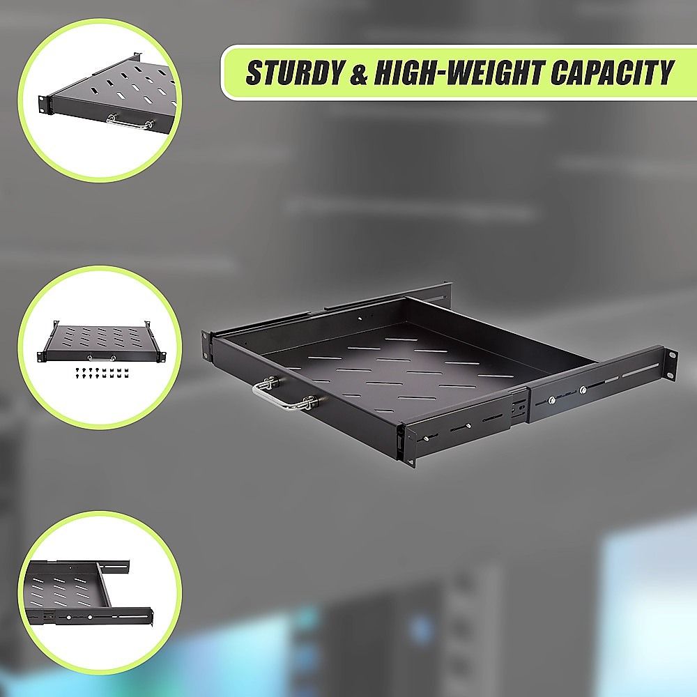 Sliding Rack Server Shelf 1U 19" 4 Post Mount – Adjustable 15" to 22" Rack Tray