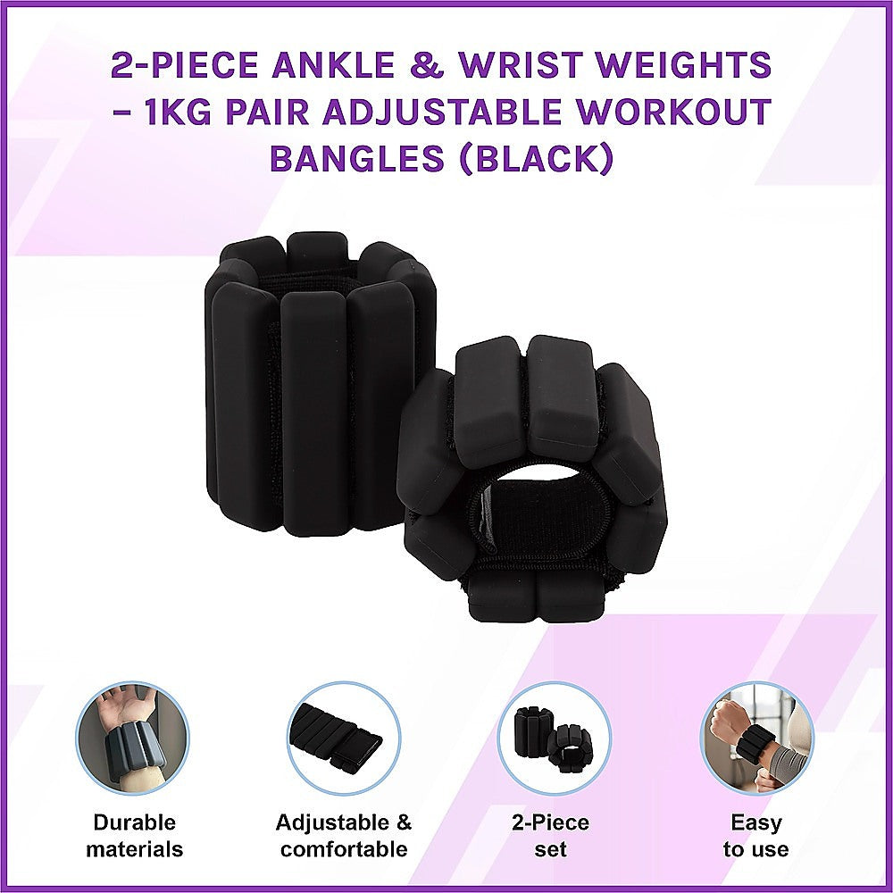 2-Piece Ankle & Wrist Weights – 1kg Pair Adjustable Workout Bangles (Black)