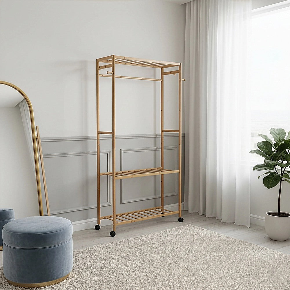 Wooden Clothes Rail with Shelves & Wheels – Open Wardrobe Rack Stand