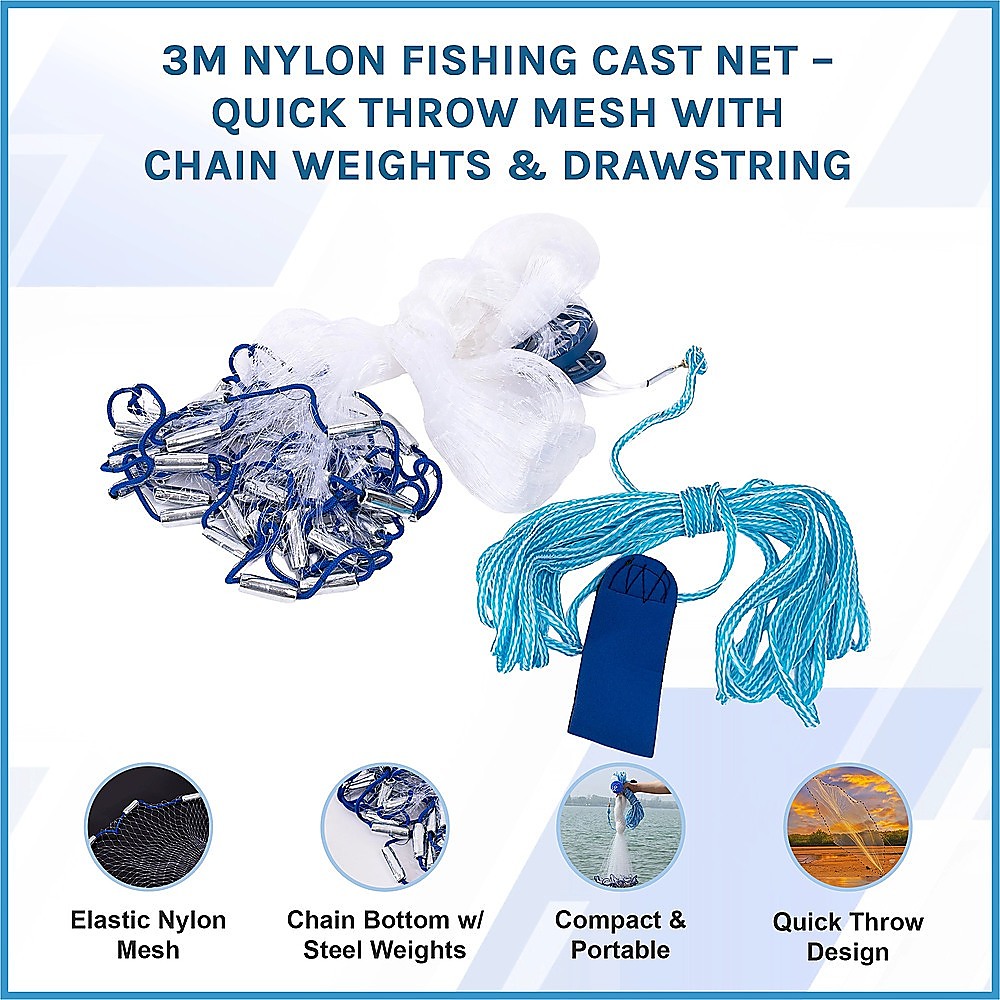 3m Nylon Fishing Cast Net – Quick Throw Mesh with Chain Weights & Drawstring