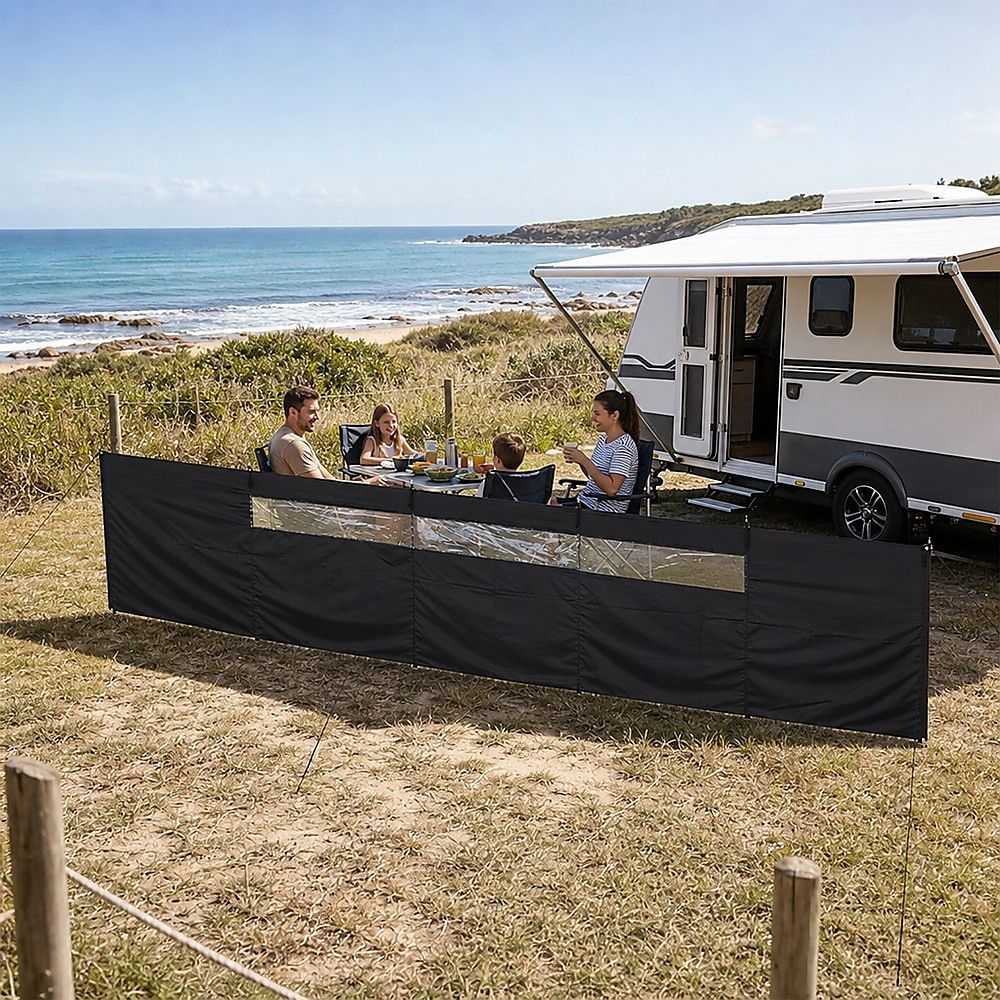 Camping Windbreak with Clear Windows & Carry Bag 725x140cm Black Outdoor Privacy Shelter