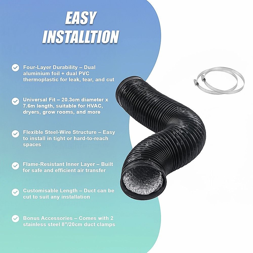 Flexible Aluminium Ducting 203mm x 7.6m 4 Layer Vent Hose HVAC Dryer