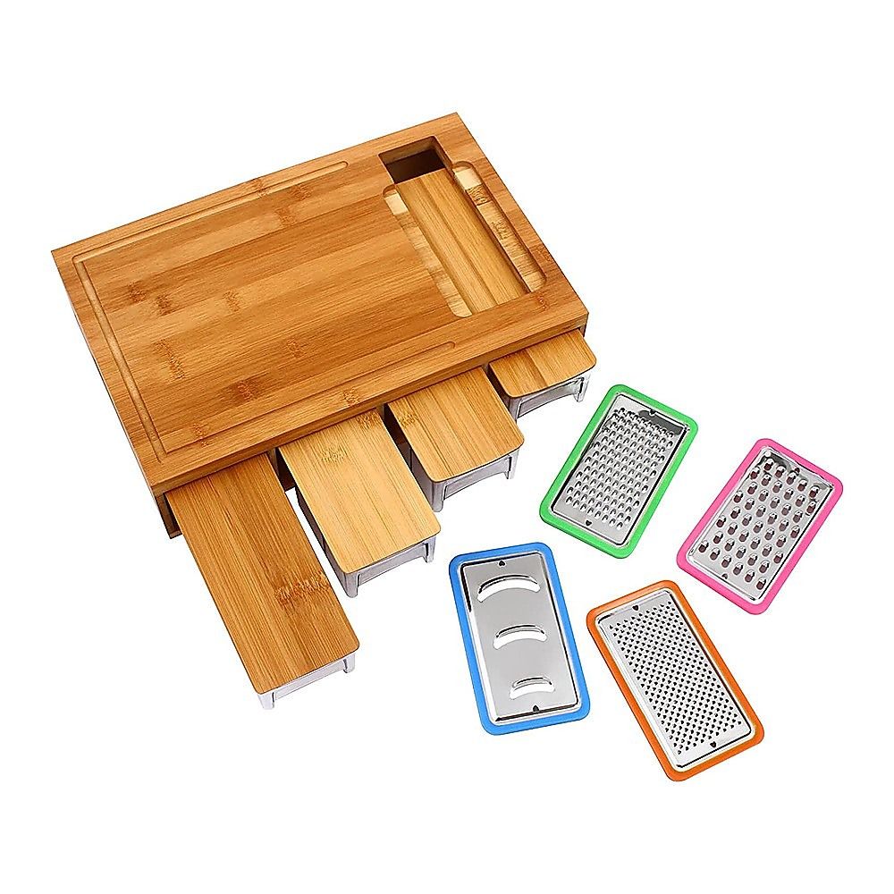 Bamboo Cutting Board Set with Graters and Containers Food Prep Station for Kitchen Organisation