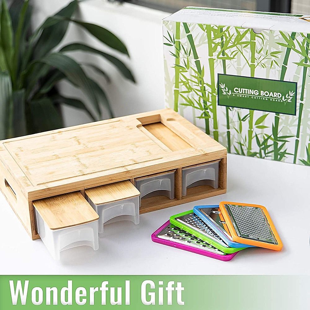 Bamboo Cutting Board Set with Graters and Containers Food Prep Station for Kitchen Organisation
