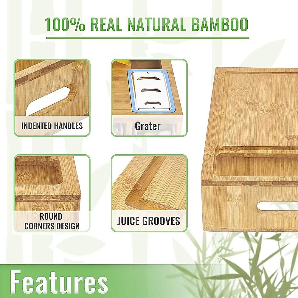 Bamboo Cutting Board Set with Graters and Containers Food Prep Station for Kitchen Organisation