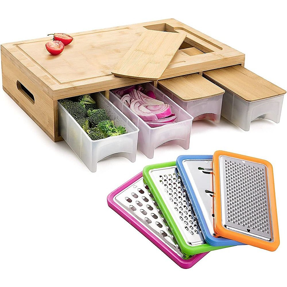 Bamboo Cutting Board Set with Graters and Containers Food Prep Station for Kitchen Organisation