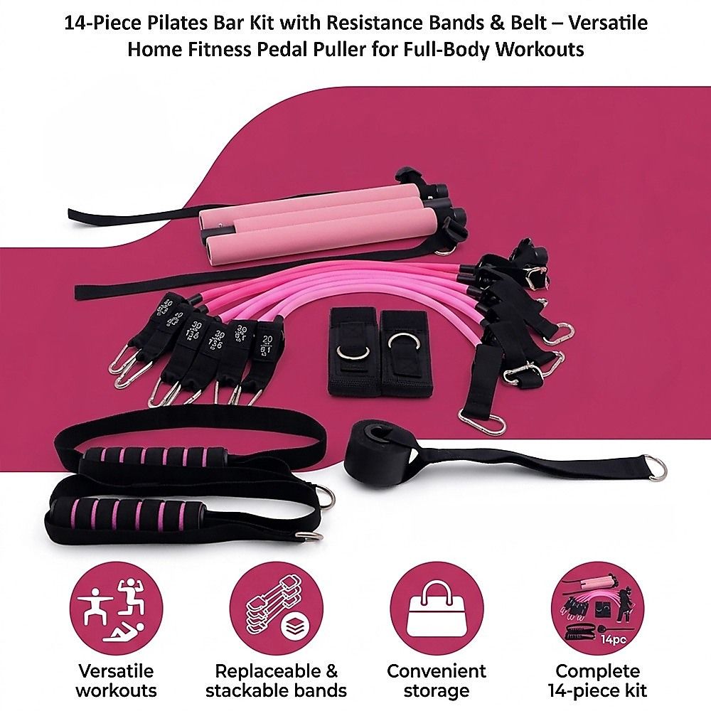 14pc Pilates Bar Kit with Resistance Bands & Belt – Home Fitness Pedal Puller