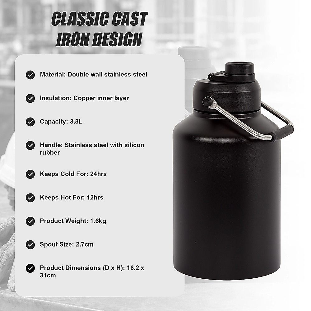 3.8L Double Wall Insulated Stainless Steel Water Bottle – Large Hot & Cold Drink Jug
