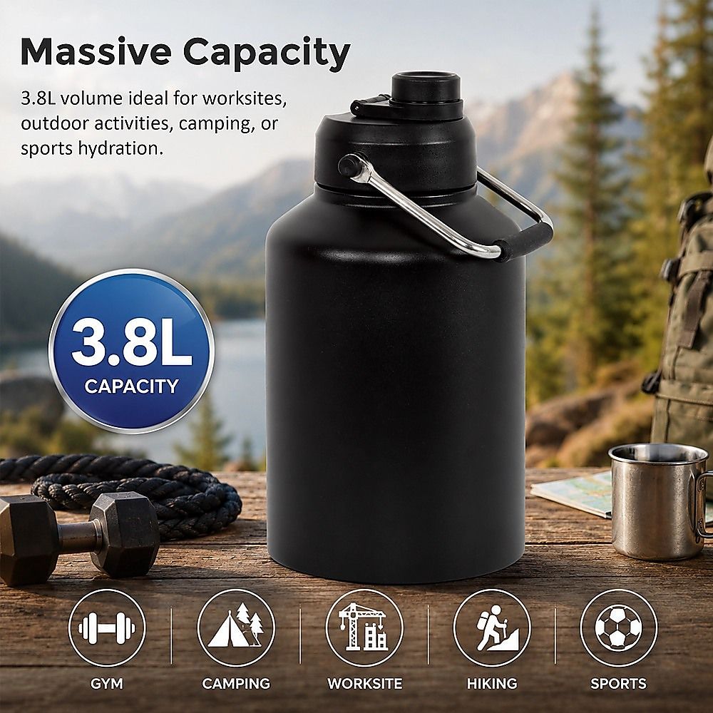 3.8L Double Wall Insulated Stainless Steel Water Bottle – Large Hot & Cold Drink Jug