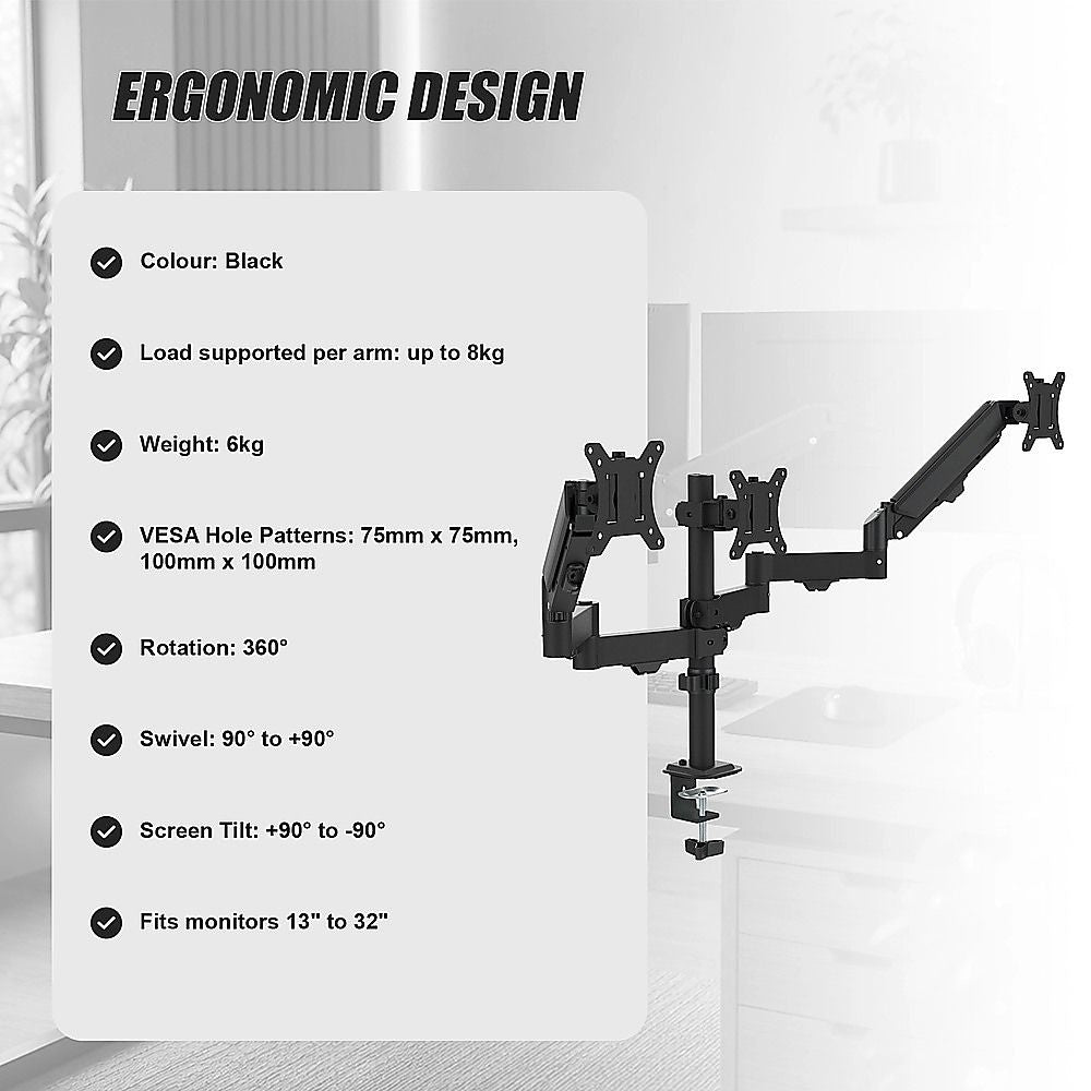 Triple Monitor Mount Stand – Desk Clamp with 3 Adjustable Arms - V63-954151