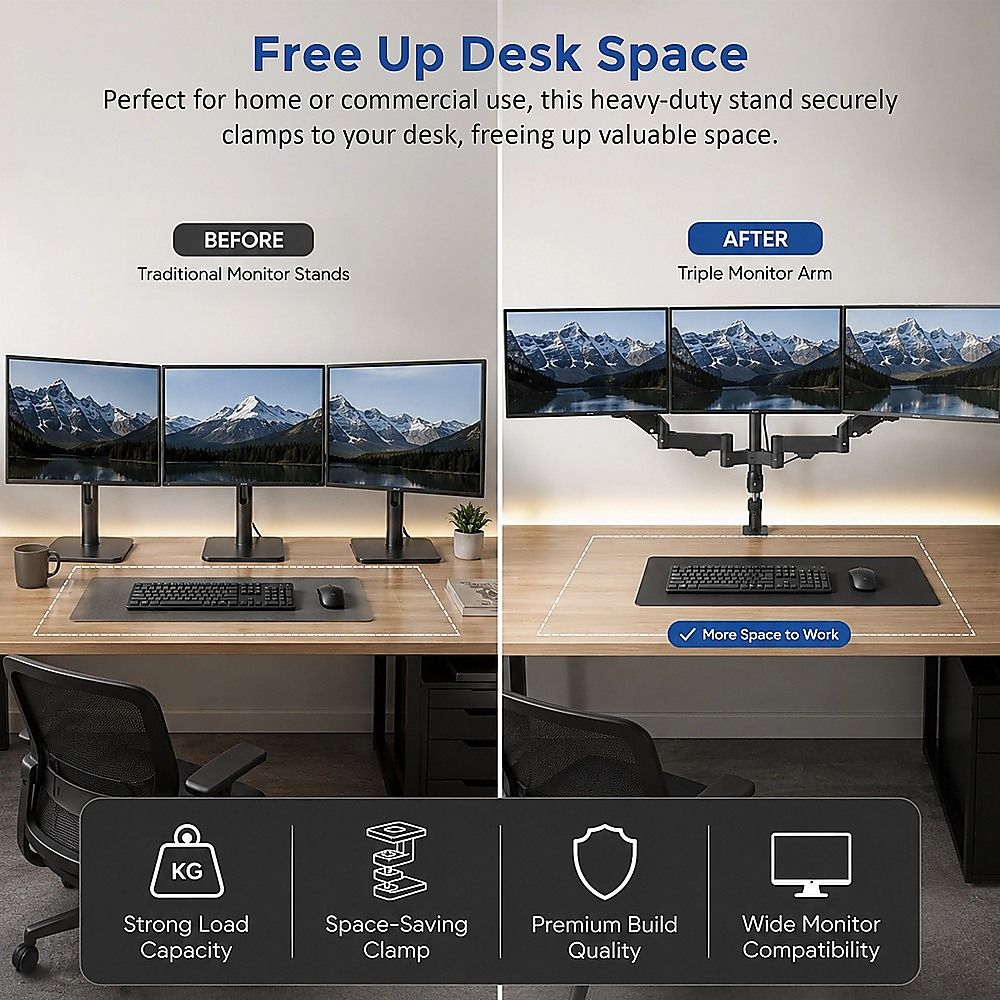 Triple Monitor Mount Stand – Desk Clamp with 3 Adjustable Arms - V63-954151