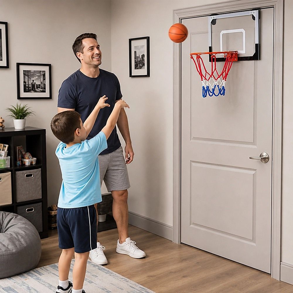 Indoor Mini Basketball Hoop Set – Door Mounted Backboard Kit with Ring & Ball