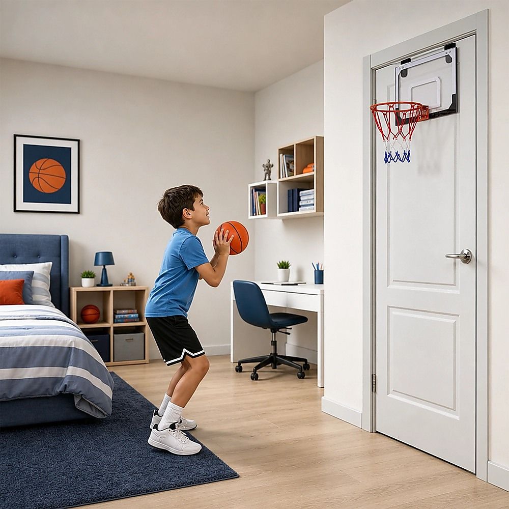 Indoor Mini Basketball Hoop Set – Door Mounted Backboard Kit with Ring & Ball