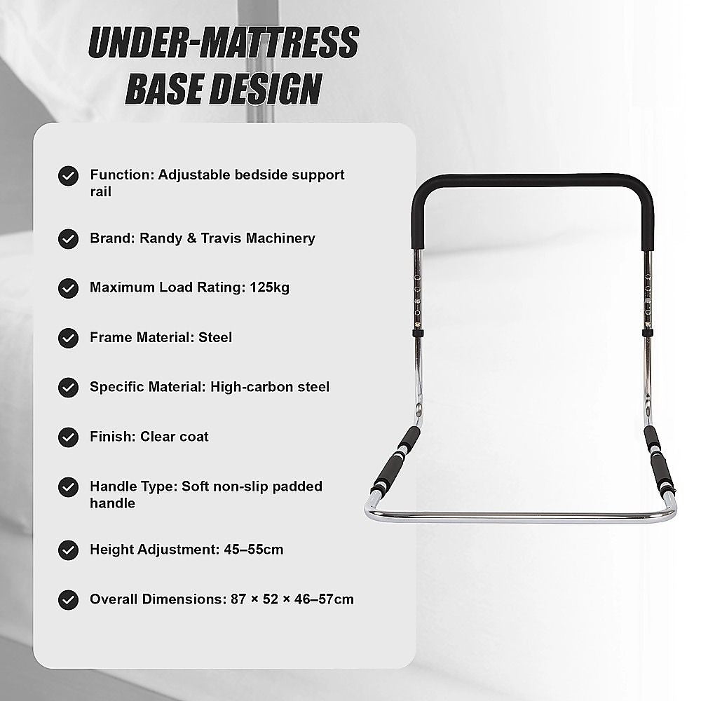 Adjustable Bed Rail with Foam Grip Handle & Under Mattress Frame 125kg Capacity