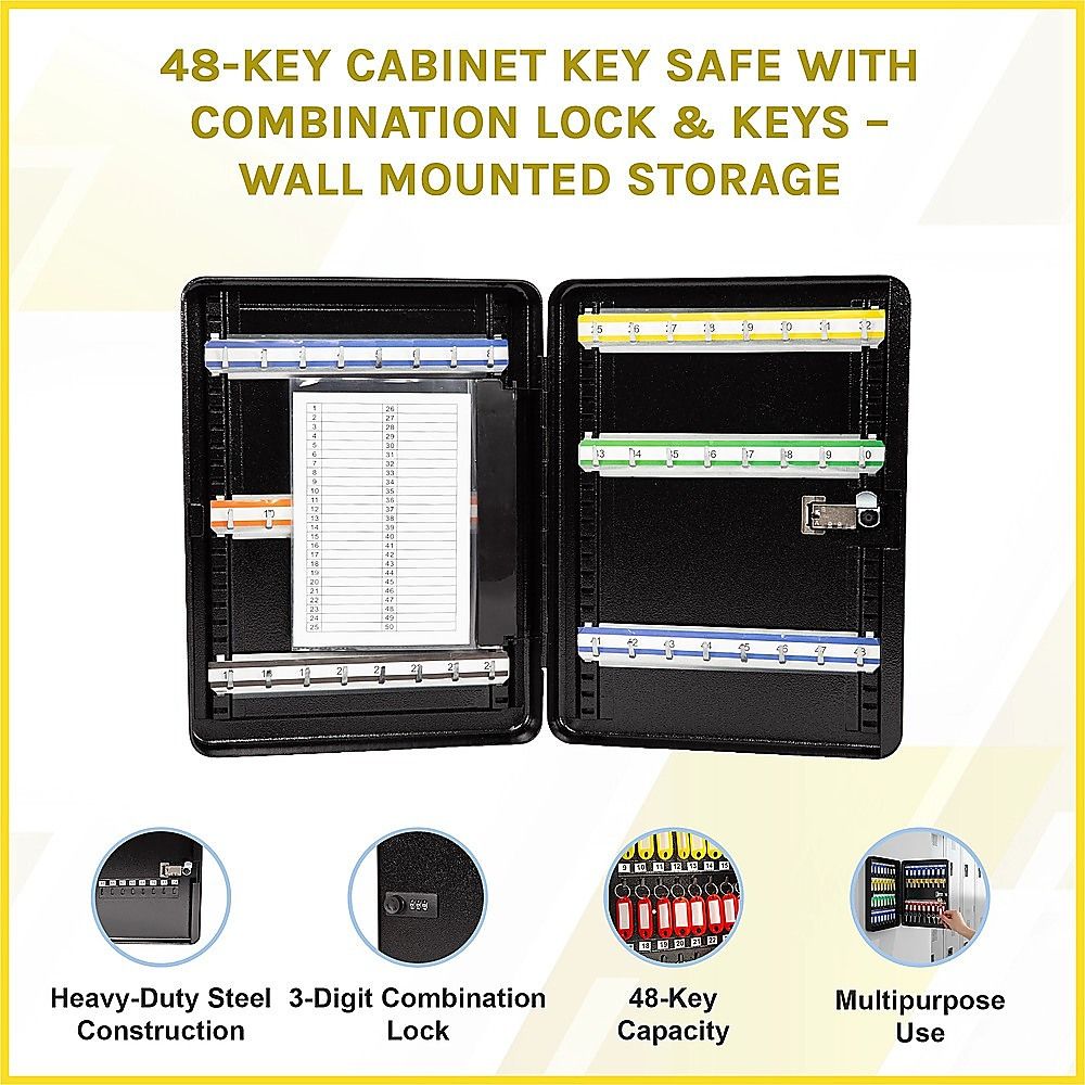 48-Key Cabinet Key Safe with Combination Lock & Keys – Wall Mounted Storage