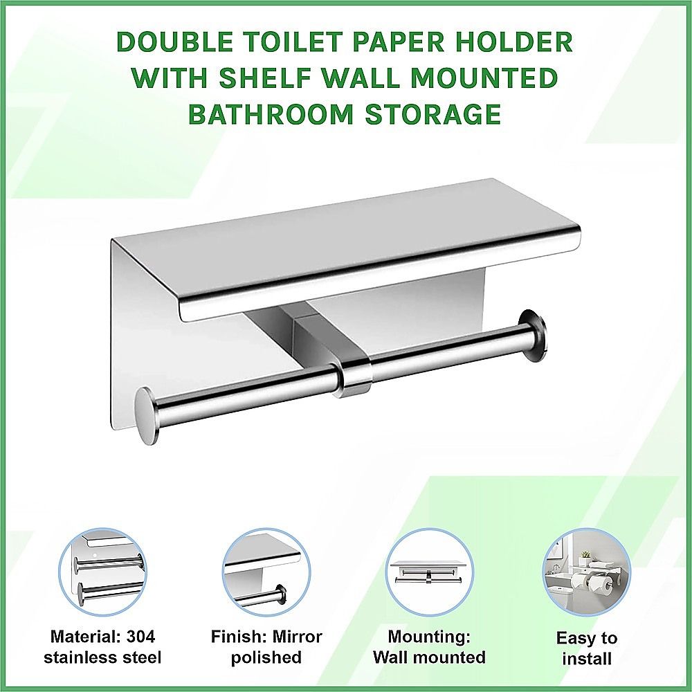 Double Toilet Paper Holder with Shelf Wall Mounted Bathroom Storage