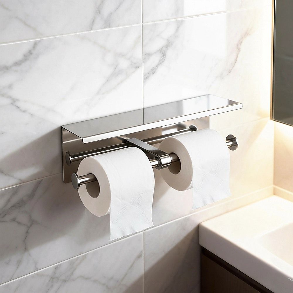 Double Toilet Paper Holder with Shelf Wall Mounted Bathroom Storage