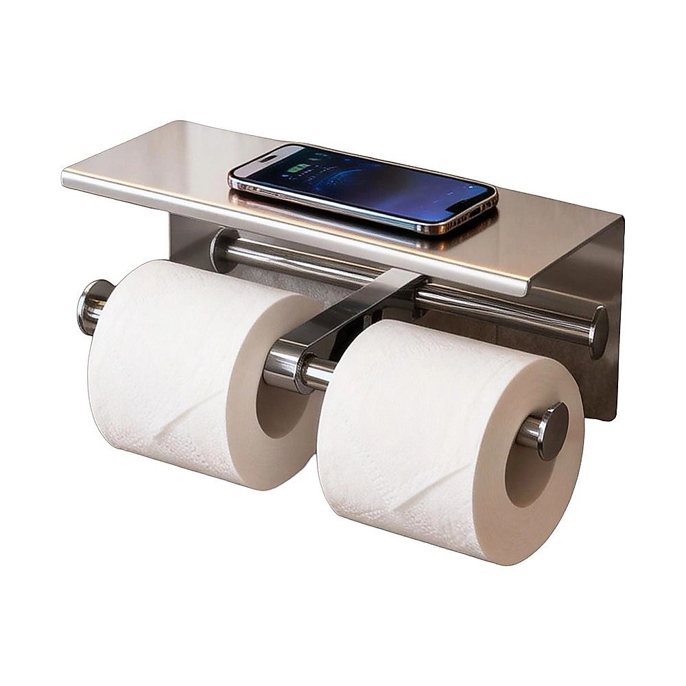 Double Toilet Paper Holder with Shelf Wall Mounted Bathroom Storage