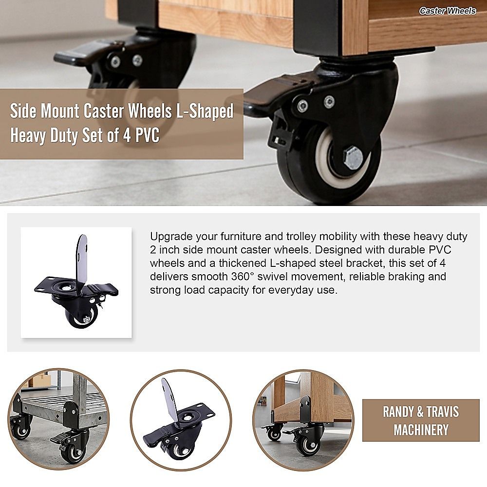 Side Mount Caster Wheels L-Shaped Heavy Duty Set of 4 PVC