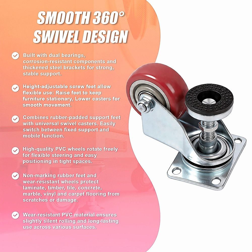 7.6cm Heavy Duty Caster Wheels With M12 Screw Feet 360kg Set Of 4