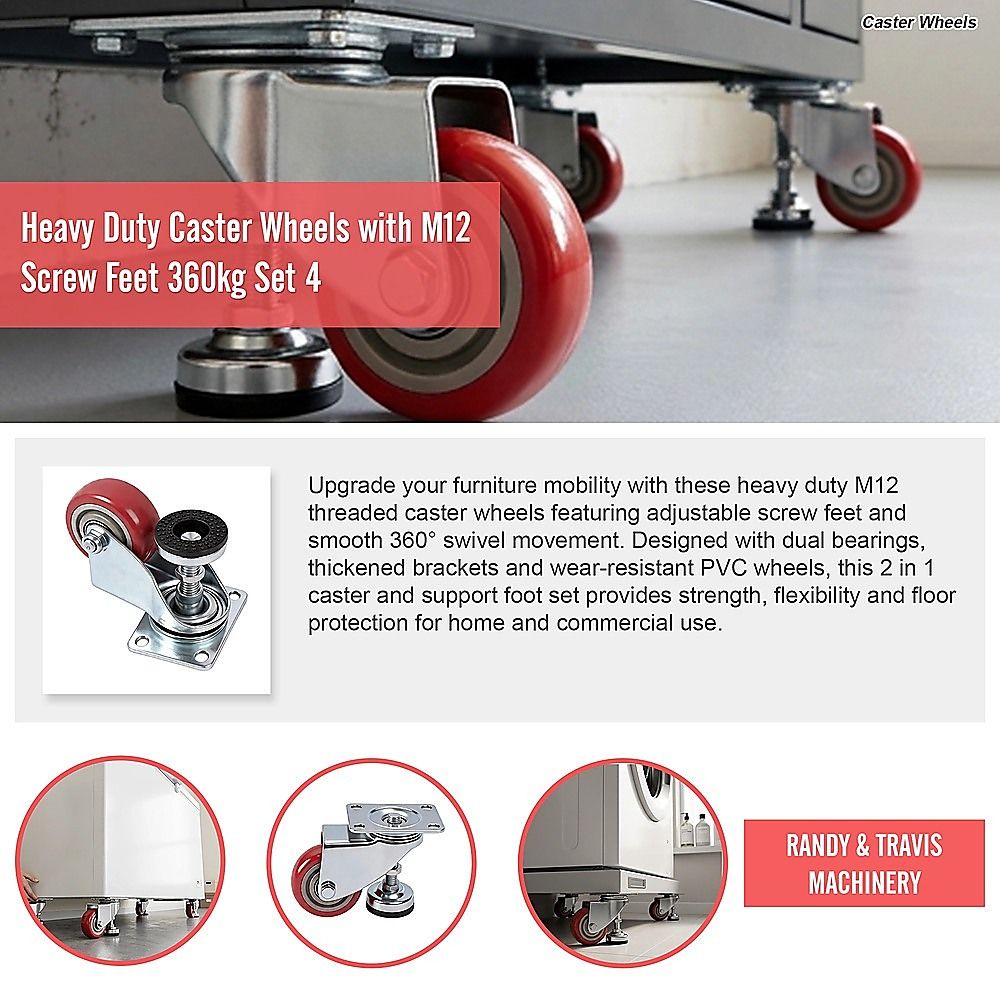 7.6cm Heavy Duty Caster Wheels With M12 Screw Feet 360kg Set Of 4