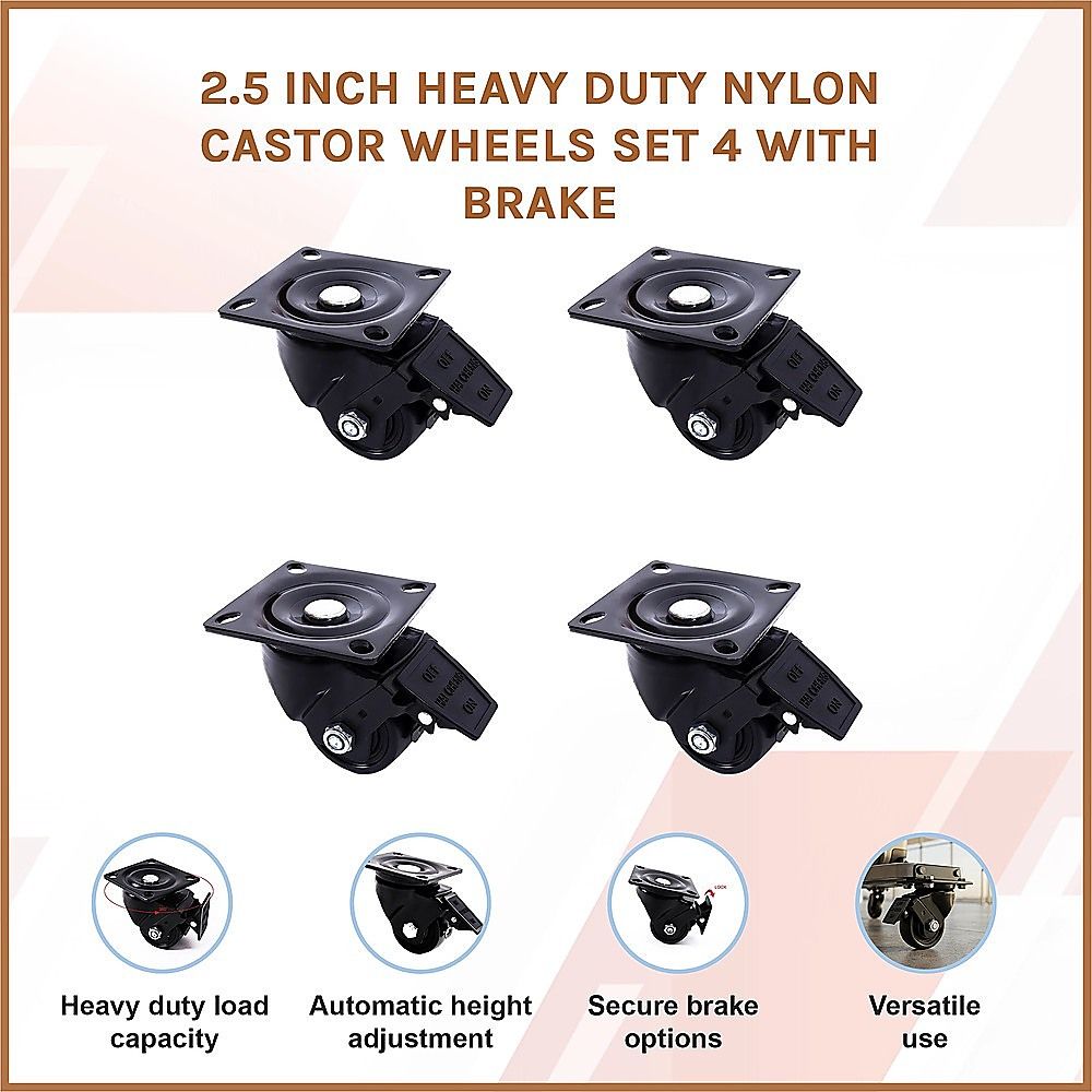 2.5 Inch Heavy Duty Nylon Castor Wheels Set 4 with Brake
