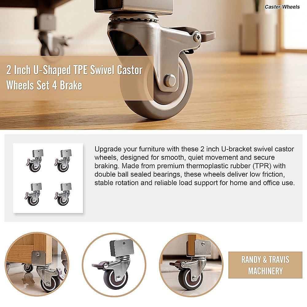 2 Inch U-Shaped TPE Swivel Castor Wheels Set 4 Brake