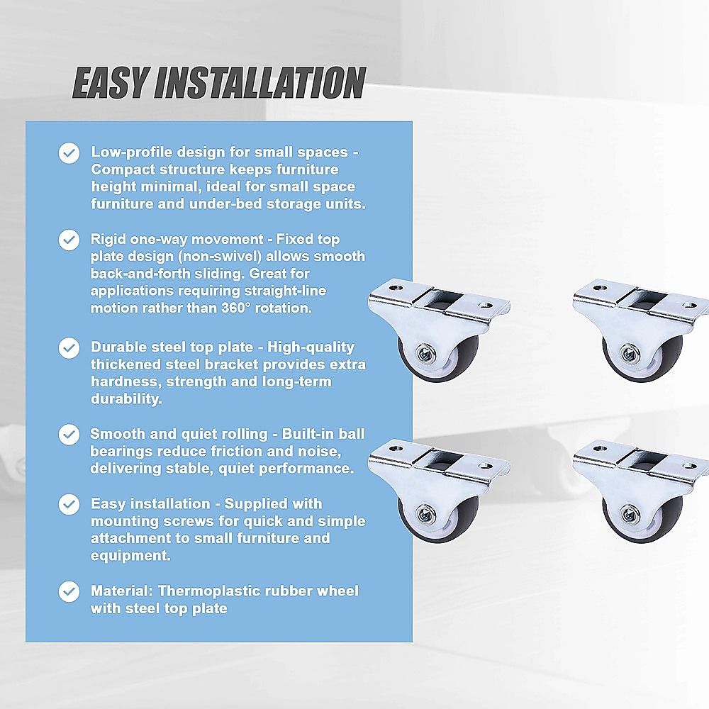 Mini Fixed Caster Wheels Rubber Low Profile Set 4