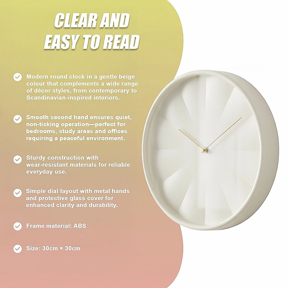 30cm Round Wall Clock Silent Sweep Modern ABS Frame