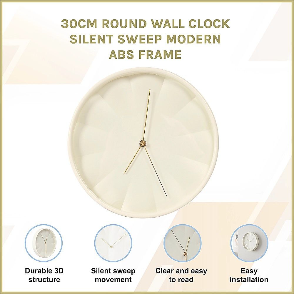 30cm Round Wall Clock Silent Sweep Modern ABS Frame