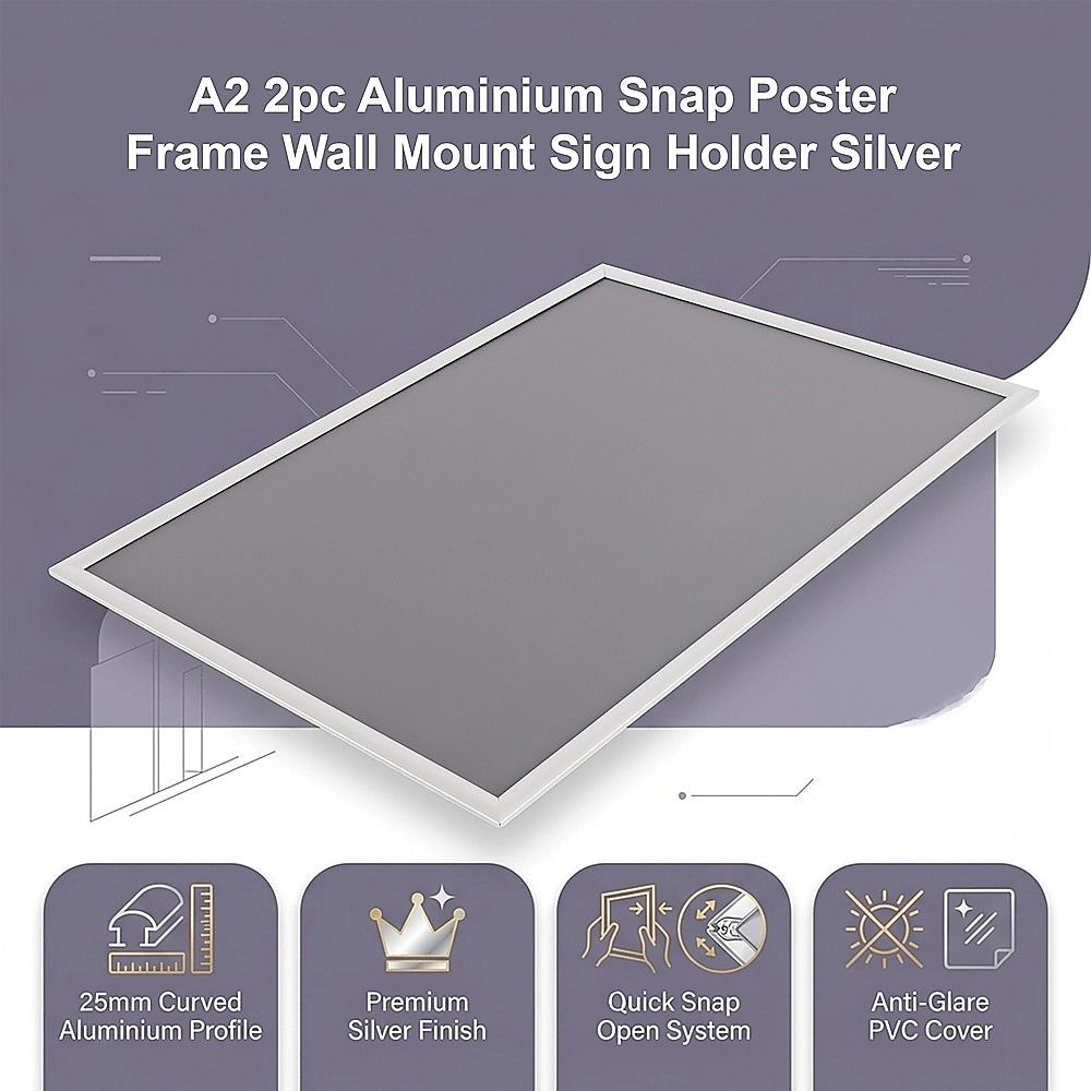 A2 2pc Aluminium Snap Poster Frame Wall Mount Sign Holder Silver