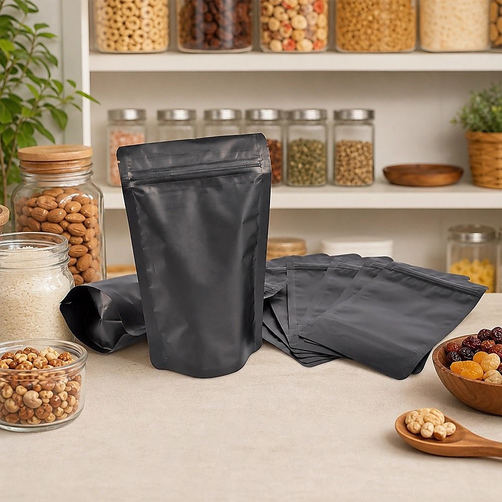 Black Stand Up Pouches 100 Pack 12x20cm Resealable Zip Lock Food Storage Bags with Aluminized PET Barrier