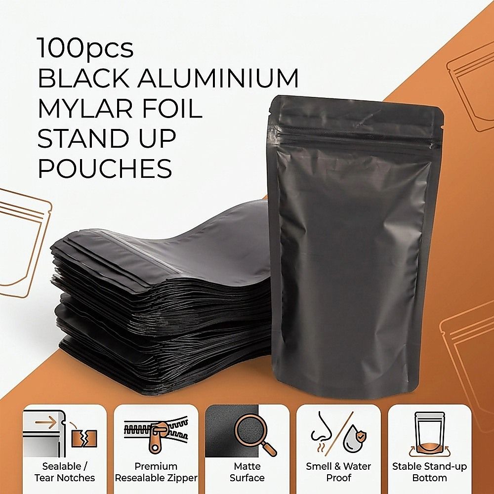 Black Stand Up Pouches 100 Pack 12x20cm Resealable Zip Lock Food Storage Bags with Aluminized PET Barrier