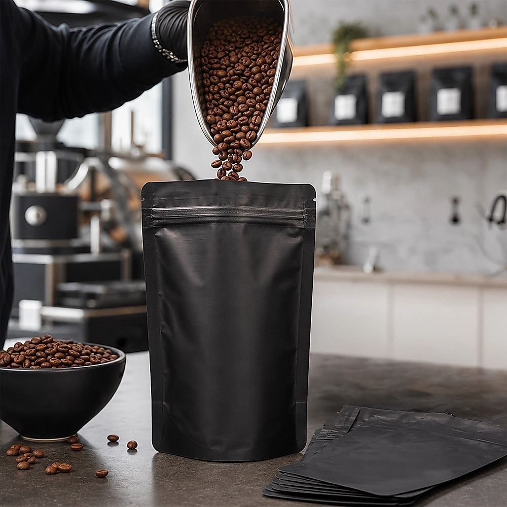 Black Stand Up Pouches 100 Pack 12x20cm Resealable Zip Lock Food Storage Bags with Aluminized PET Barrier