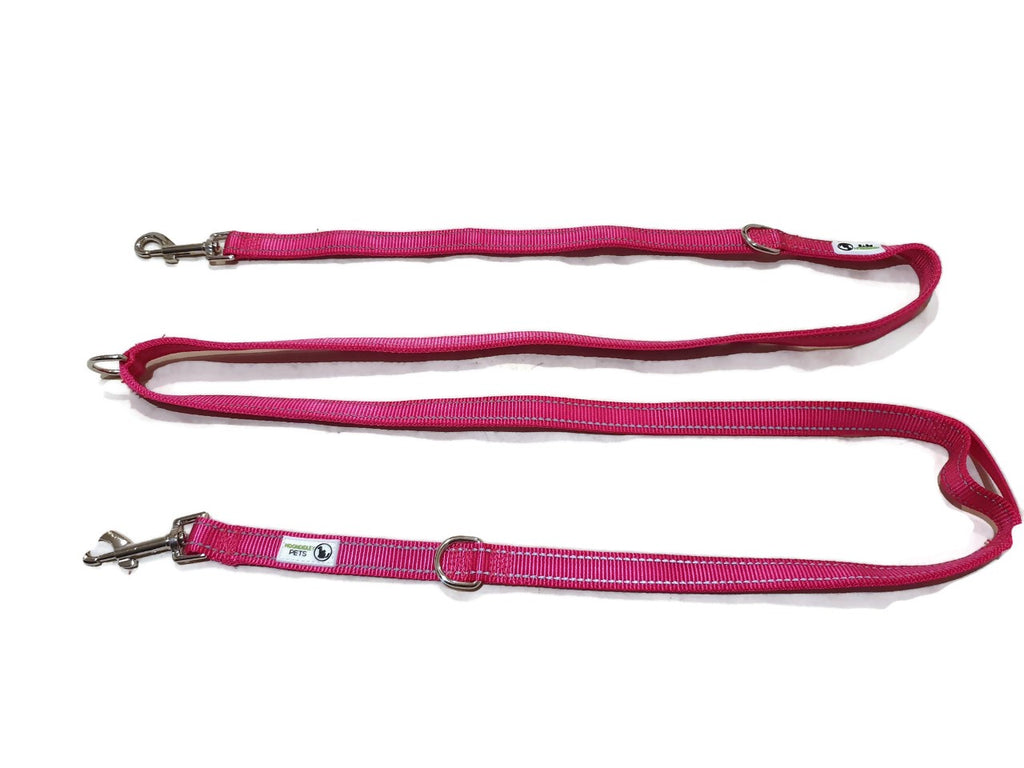 Multi Dog Lead - Nylon w/Reflective Stitching - - Moondidley Pets 20mm Pink