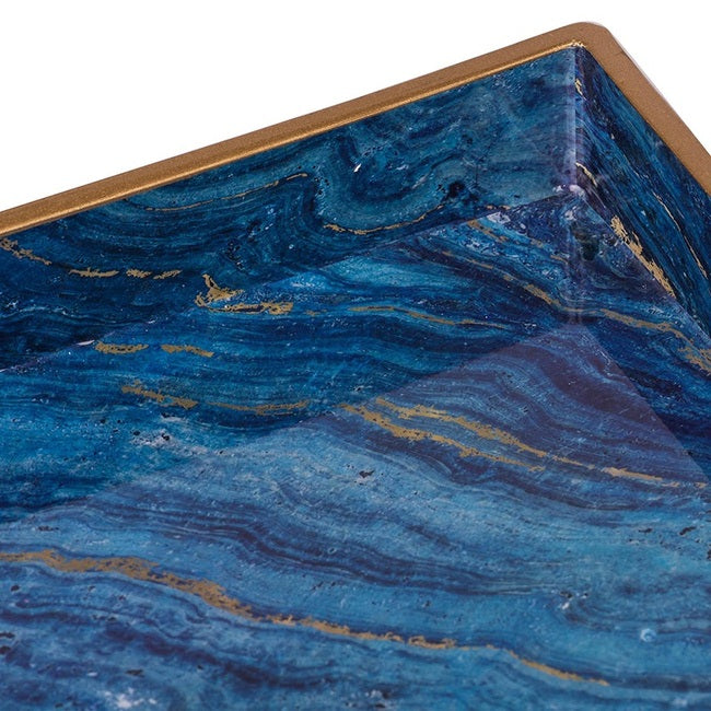 Set 2 Marble Patterned Blue Rectangular Trays 48cm