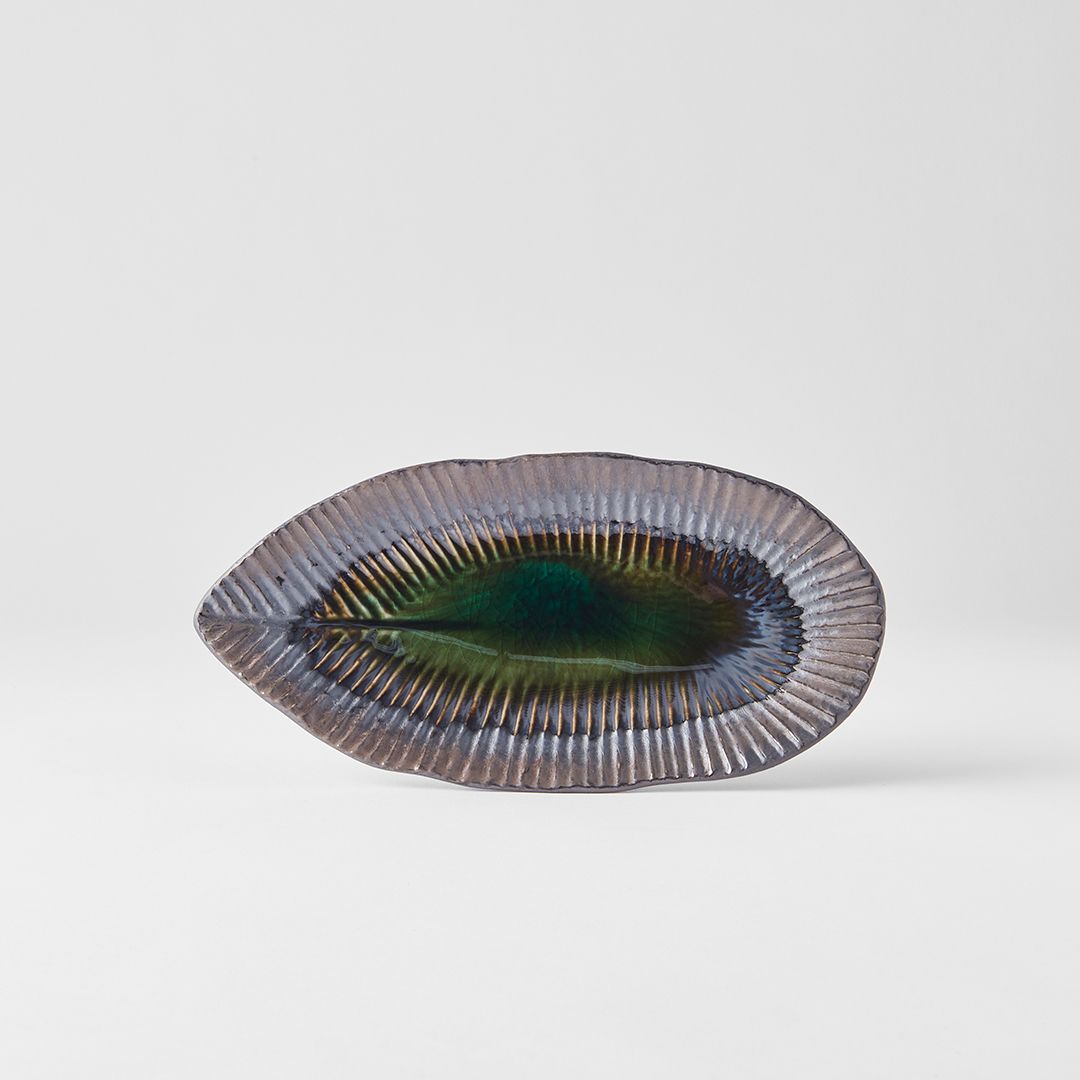 Plate Leaf Shape 21.5x10.5cm Midori Ridge Glaze