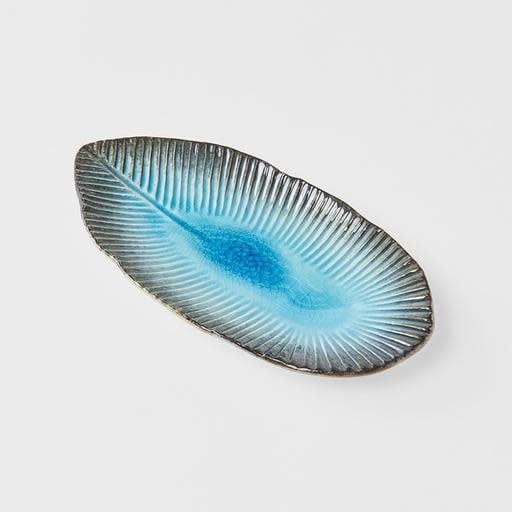Plate Leaf Shape 21cm Sky Blue Glaze
