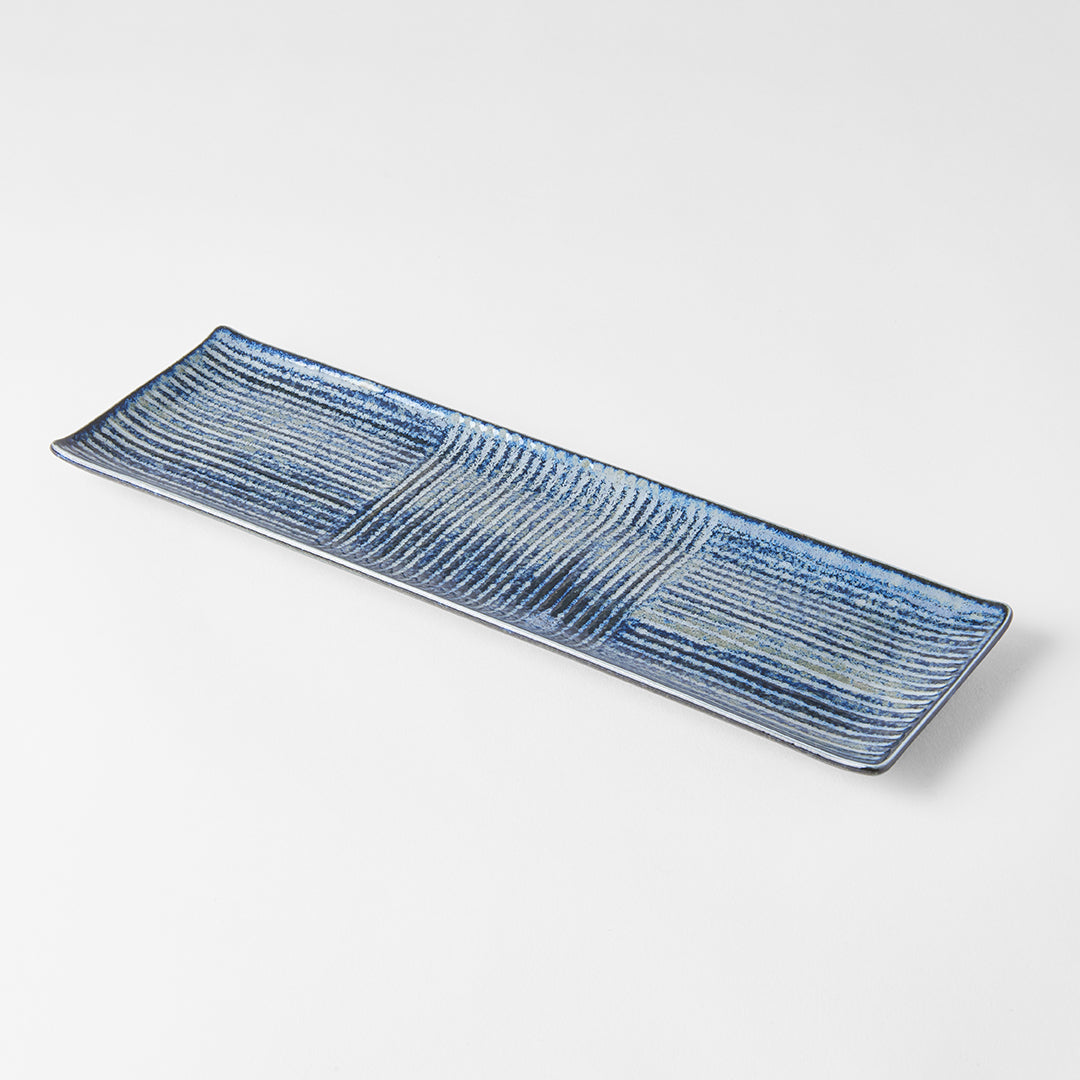 Plate Rectangular 33x10cm Lines Dark Blue Glaze